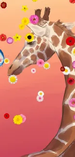 Illustrated giraffe with butterfly at sunset.