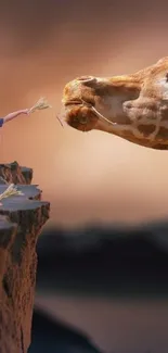 A child feeds a giraffe at the edge of a cliff in a surreal fantasy scene.