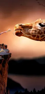 Surreal mobile wallpaper with child greeting giraffe on a cliff.