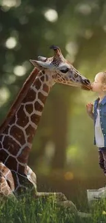 Child kisses giraffe in lush nature setting wallpaper.