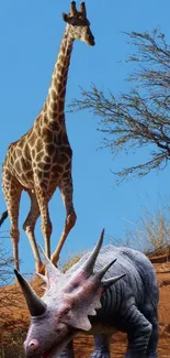 Giraffe and dinosaur in a desert with blue sky.