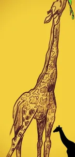 Artistic giraffe drawing on a yellow mobile wallpaper.