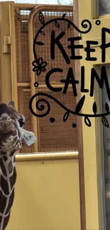 Giraffe with 'Keep Calm' art in zoo setting.