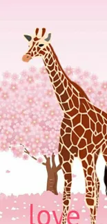 Mobile wallpaper with giraffe in cherry blossom field.