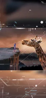 Surreal giraffe and human on cliff with digital sky.