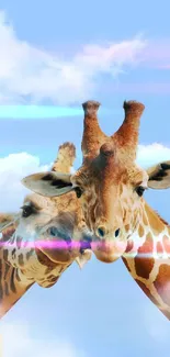 Two giraffes against a blue sky with clouds, perfect for mobile wallpaper.