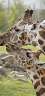 Two giraffes in a green field with rocks and trees.