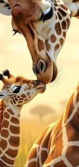 Mother giraffe tenderly kisses her calf in a serene safari setting.
