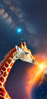 Giraffe standing near Earth with galaxy background.