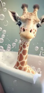 Whimsical giraffe in a bathtub with floating bubbles, creating a fun wallpaper.