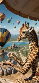 Giraffe rides in colorful hot air balloon over scenic landscape.