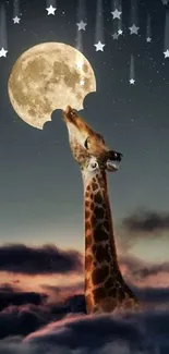 Giraffe reaching for the moon in a starry night sky with clouds.