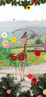 Giraffe in a festive natural landscape with greenery and holiday decor.