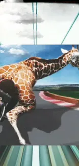 Surreal giraffe racing on a track, artistic wallpaper design.