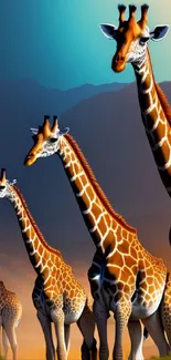 Giraffes walking in a scenic safari landscape with blue skies.