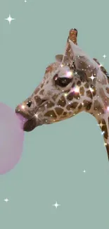 Giraffe blowing bubblegum with sparkles on a pale green background.