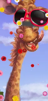 Giraffe with red sunglasses and flowers in background.