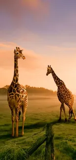 Giraffes standing in a sunset field, creating a serene and warm atmosphere.