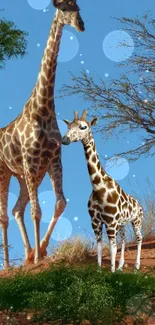 Giraffes standing under a clear blue sky in a natural setting.