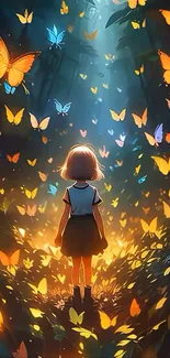 A girl in a forest surrounded by glowing butterflies in a magical scene.