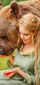 Girl in green dress next to bear in nature.