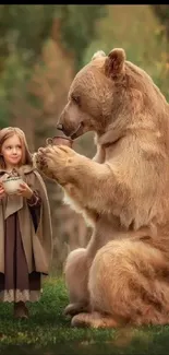 Girl and bear sitting in serene forest.