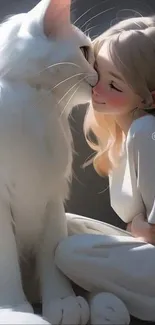 Anime girl with a white cat in a soothing embrace.