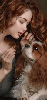 Girl with curly hair and Cavalier King Charles Spaniel.