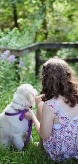 Girl and dog on a forest path surrounded by lush greenery.