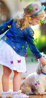 Little girl in garden with fluffy dog.