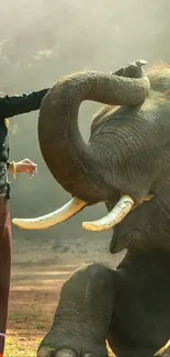 Girl gently touching elephant in nature.