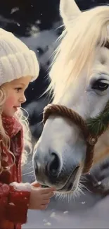 Girl in winter clothing with a white horse in snowy setting.