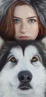 A stunning mobile wallpaper of a woman with a husky dog in a digital art style.