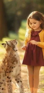 Young girl in yellow with lynx in forest wallpaper.