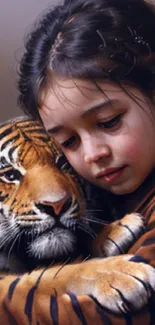 Young girl in tiger outfit hugging a tiger in a serene art.