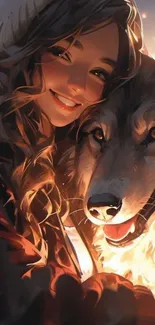 Digital artwork of a smiling girl with a wolf.