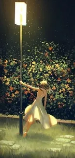 A girl dancing elegantly under a lamp post in a garden at night.