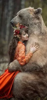 Girl in orange dress hugs a bear in a forest setting.