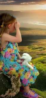 Girl sitting on rock, enjoying sunset.