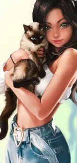 Anime girl holding a cat with heart belt.