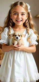 Smiling girl in white dress holding a puppy