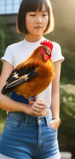 Girl holding a rooster in a lush garden setting, perfect for mobile wallpaper.