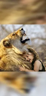 A young girl lovingly hugs a lion amidst nature.