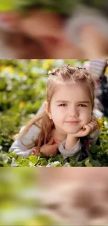 Young girl lying in green meadow, smiling peacefully.