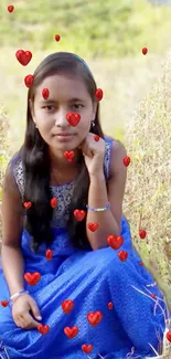 Girl in a blue dress with hearts in a natural field setting.