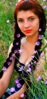 Girl with braided hair in a field of purple flowers.