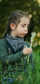 Young girl holding dandelion in green field.