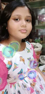 Girl in vibrant butterfly dress in a grocery store setting.