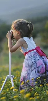 Girl capturing nature with a camera in a flower-filled meadow.