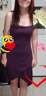 Girl in purple dress with playful illustrations and bee art.